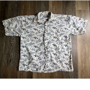 Pacific Scene Button Down Shirt Mens XL White Blue Marlin Turtle Starfish Cotton